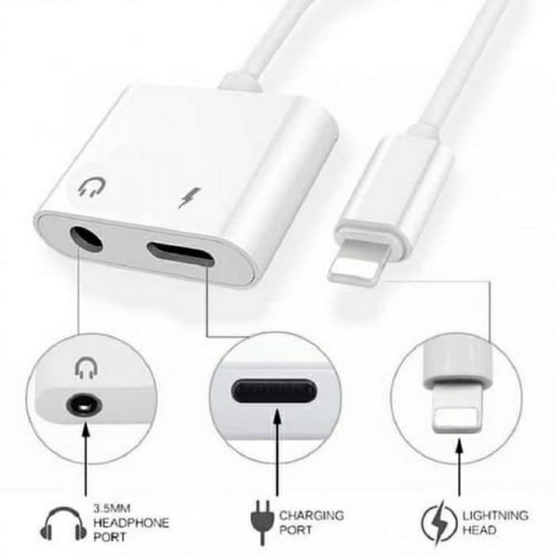 SPLITTER HANDSFREE DUAL Lightnin 3.5MM 2IN1 CONVERTER  SAMBUNGAN AUDIO PLUS CHARGER KUALITAS BAGUS MURAH