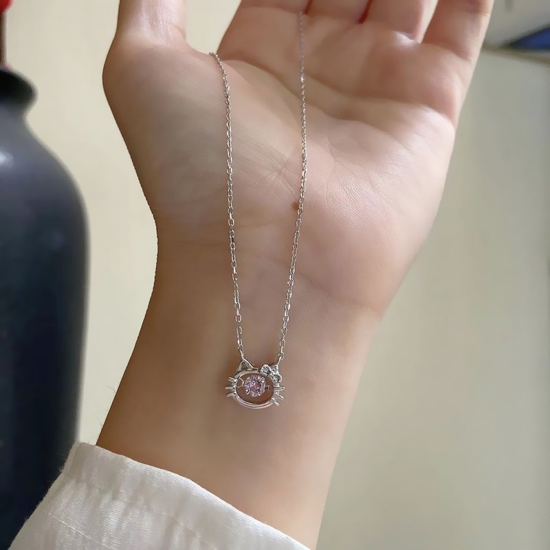 Kalung Rantai Dengan Liontin Bentuk Kucing + Hati Untuk Wanita