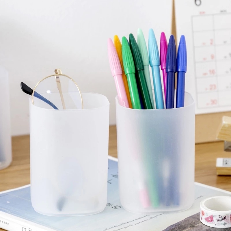 [1Pcs Simple Transparent Frosted Round Pen Holder] [Creative Student Desktop Finishing Storage Box]