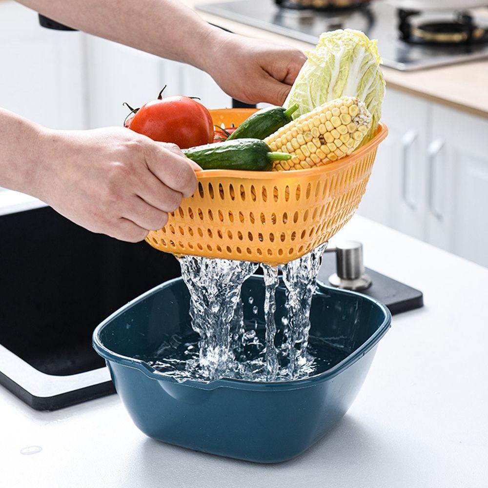 [Elegan] Keranjang Cuci Buah Bahan PP Multifungsi Set Gadget Dapur Rumah Tangga Lapisan Ganda Pembersih Sayuran Mencuci Colander