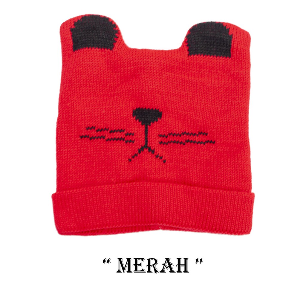 Kupluk Anak Bayi Cewek Cowok Karakter Kucing Polos / Bordir Nama Suka Suka-Merah