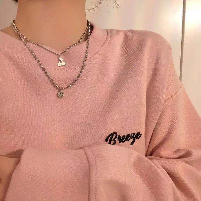 Kalung Double Layer Bahan Titanium Steel Motif Cherry Smiley Face Gaya Retro Untuk Wanita
