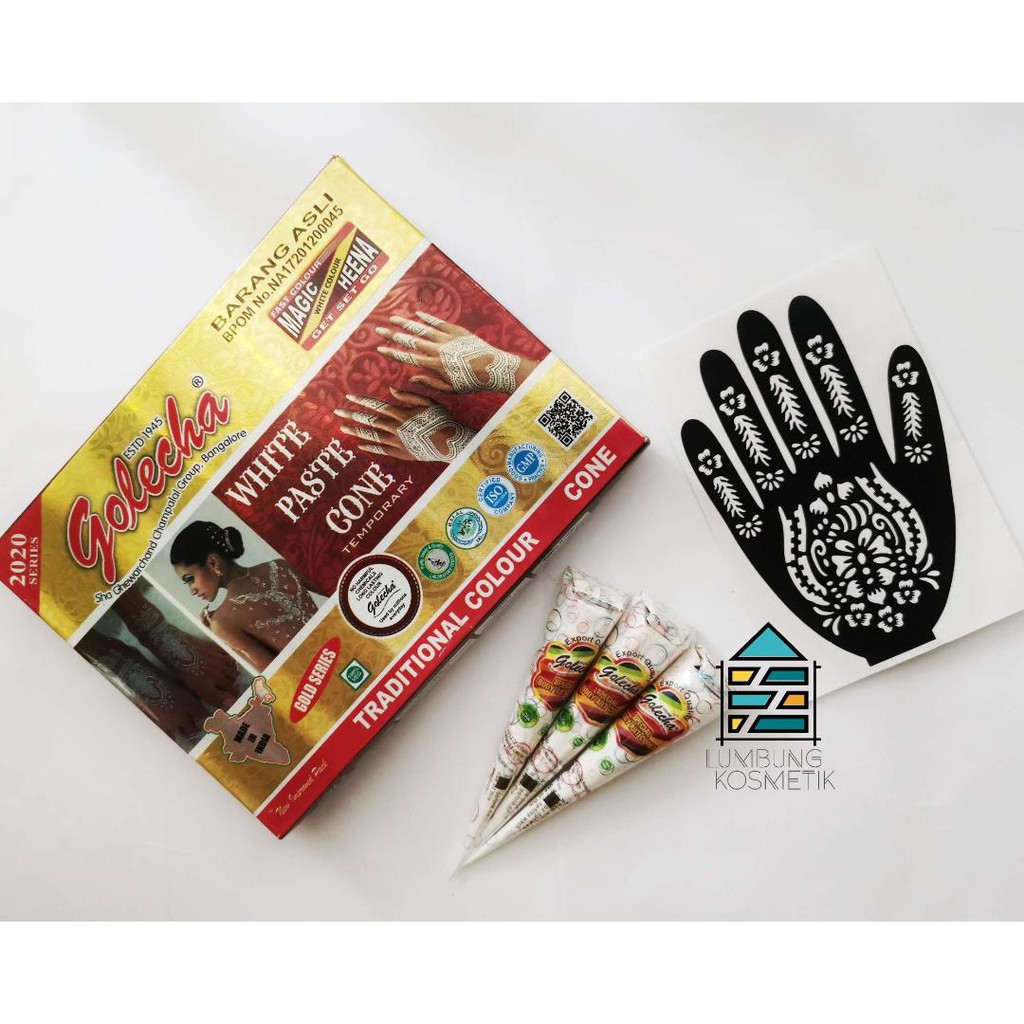 Paket Henna Putih + Cetakan Sticker Hena Golecha White Pengantin Ecer Original