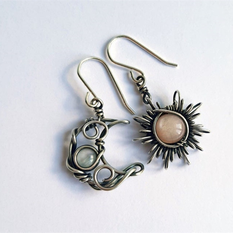 SIY  Antiqued Silver Sun and Moon Hook Earrings Bohemia Celestial Moonstone Dangle Drop Earrings Women Boho Fashion Jewelry