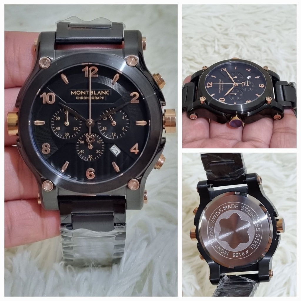 KERATON JAM TANGAN PRIA MONTBLANC 9168 FULL BLACK LIST ROSE GOLD JAPAN QUARTZ MOVEMENT DIAMETER 4,5C