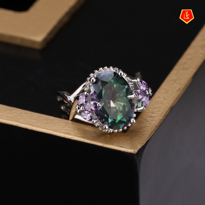 [Ready Stock]Inlaid Colorful Moissanite Ring 925 Silver Fashion Temperament