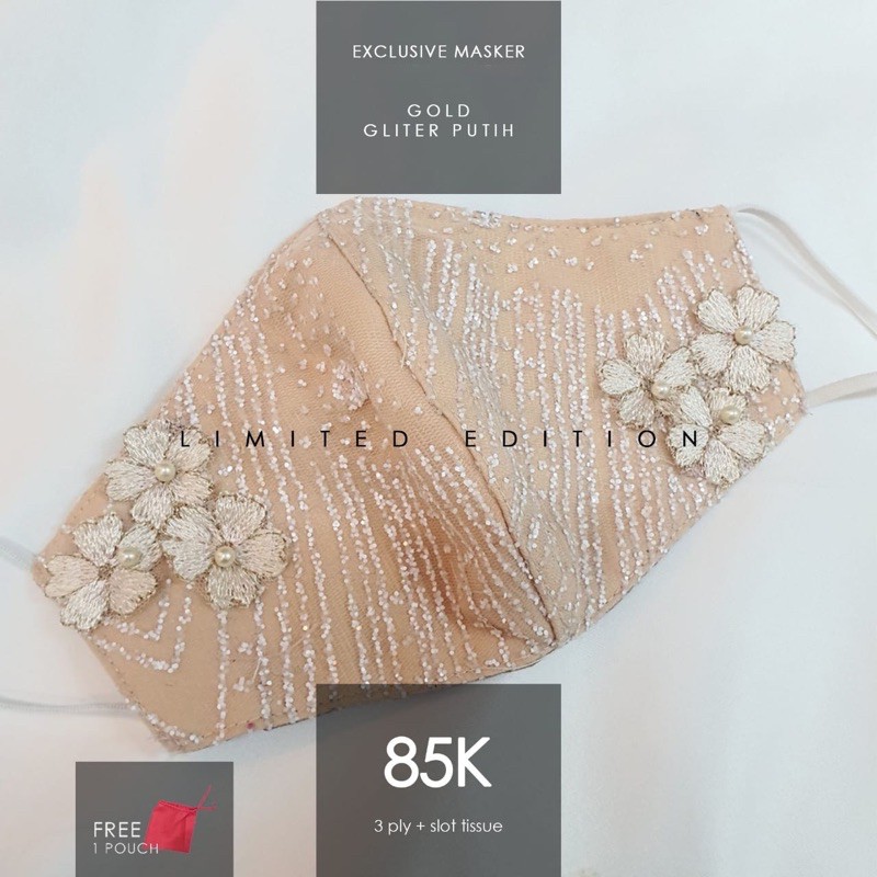 Masker Kain Premium | Masker Pesta 3ply | Satin Gold Brokat Glitter Putih Bunga 3D