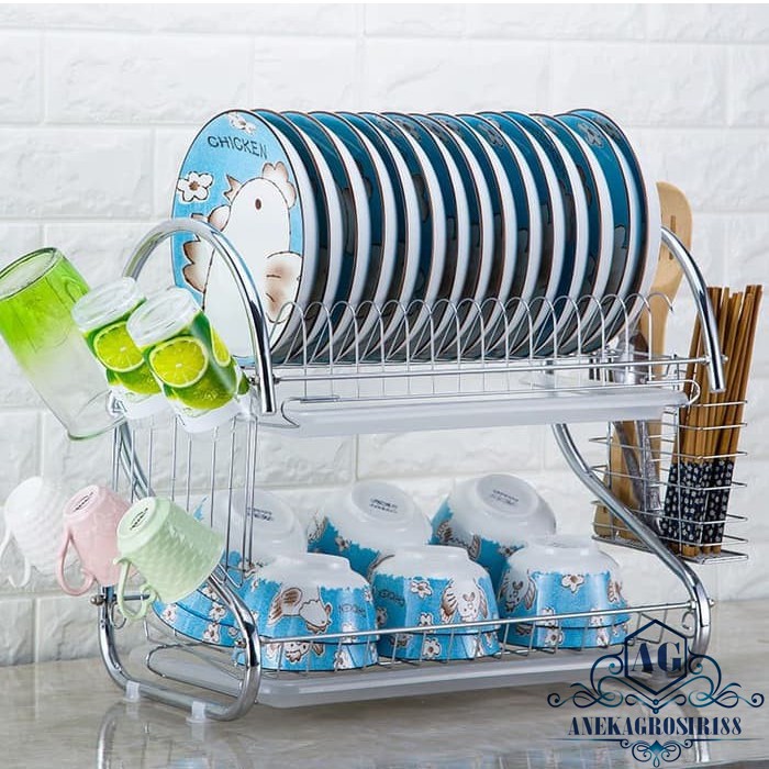 RAK PIRING ELEGANT STAINLESS STEEL 2 TINGKAT / RAK DAPUR CANTIK IMPORT PERALATAN DAPUR