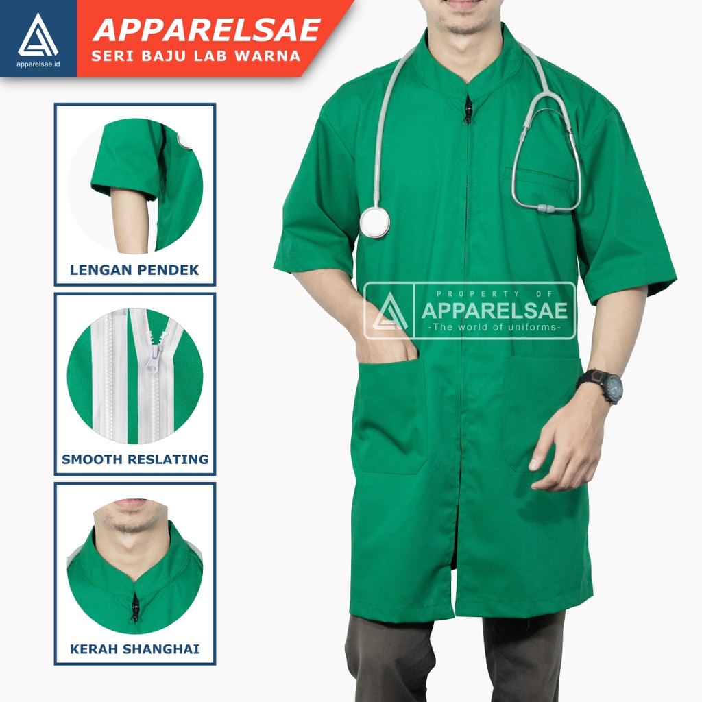 JAS LAB /JAS LABORATORIUM KATUN LEMBUT & TEBAL BAJU DOKTER LENGAN PENDEK WARNA HIJAU MUHAMMADIYAH