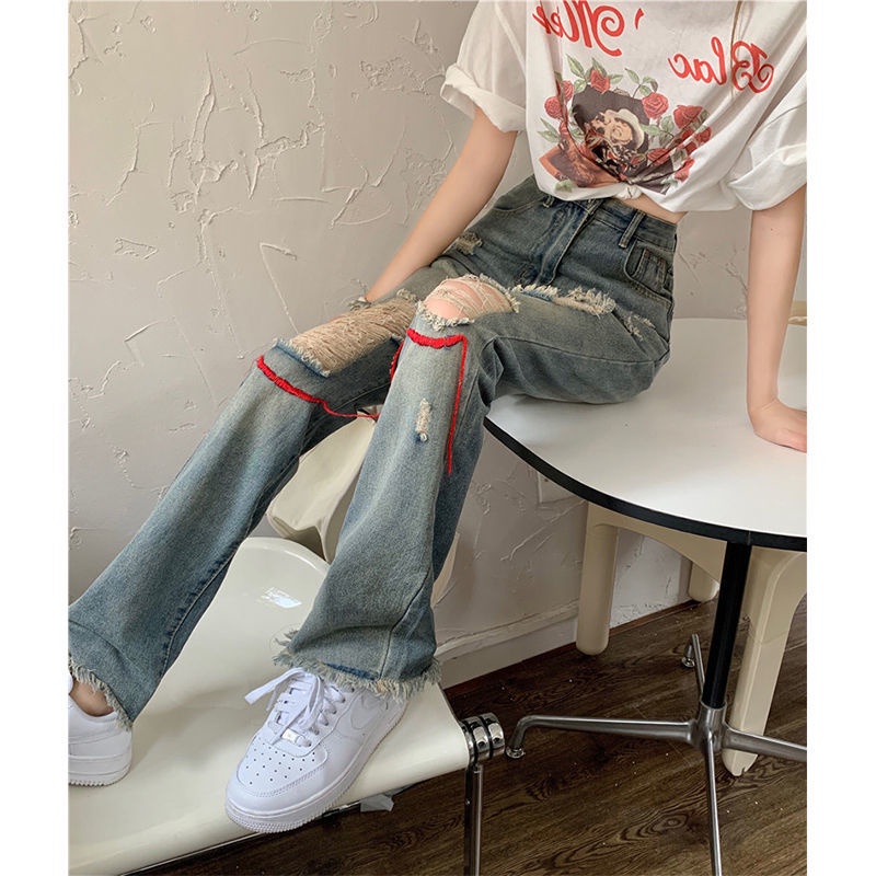 Red wanita new old wash hole hip-hop jeans women s brand high street women s spring and summer loose straight retro pants