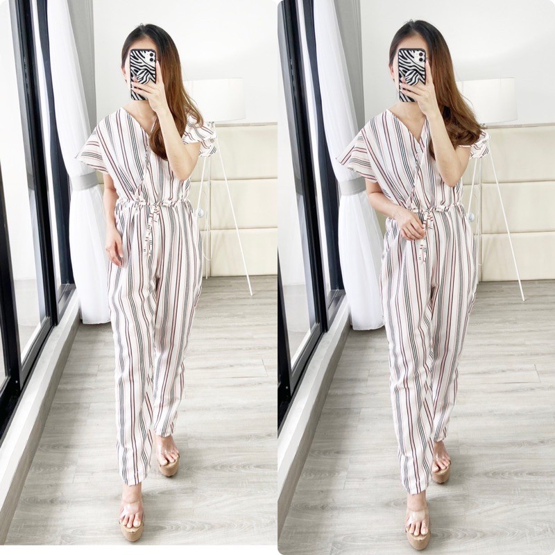 real pic jumpsuit wanita / jumpsuit rayon viscose/ stripe jumpsuit / jumpsuit vneck