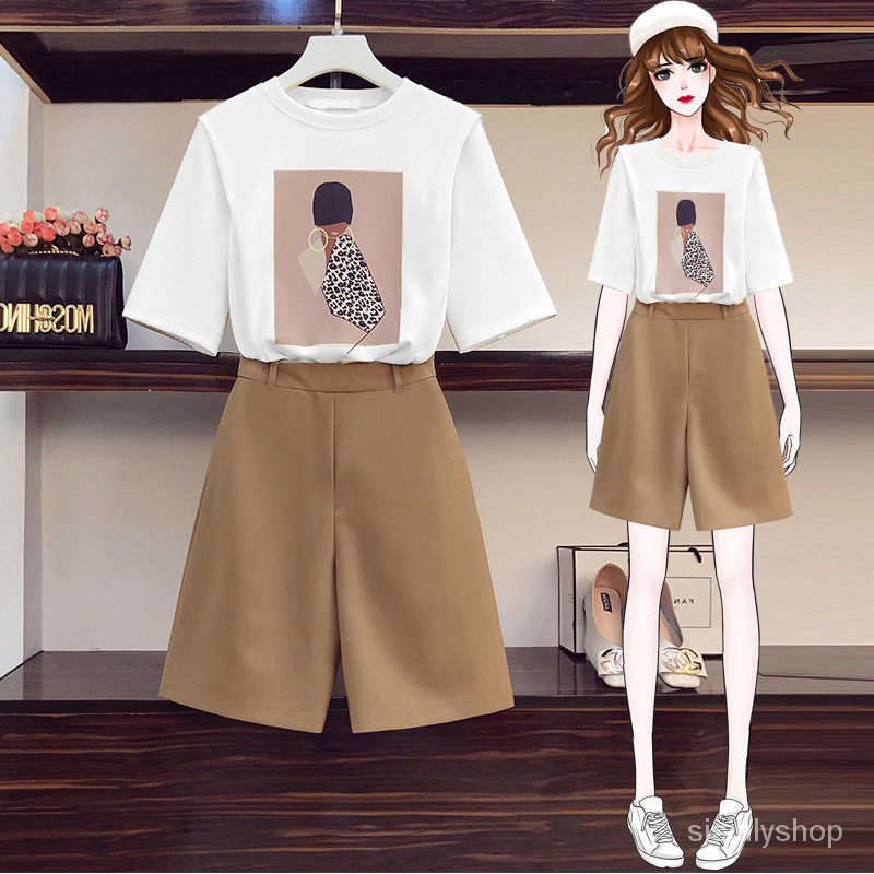 #Sisjuly# Wanita Lengan Pendek Setelan Gaya Korea Temperamen Cetak T-shirt Longgar Pinggang Tinggi C