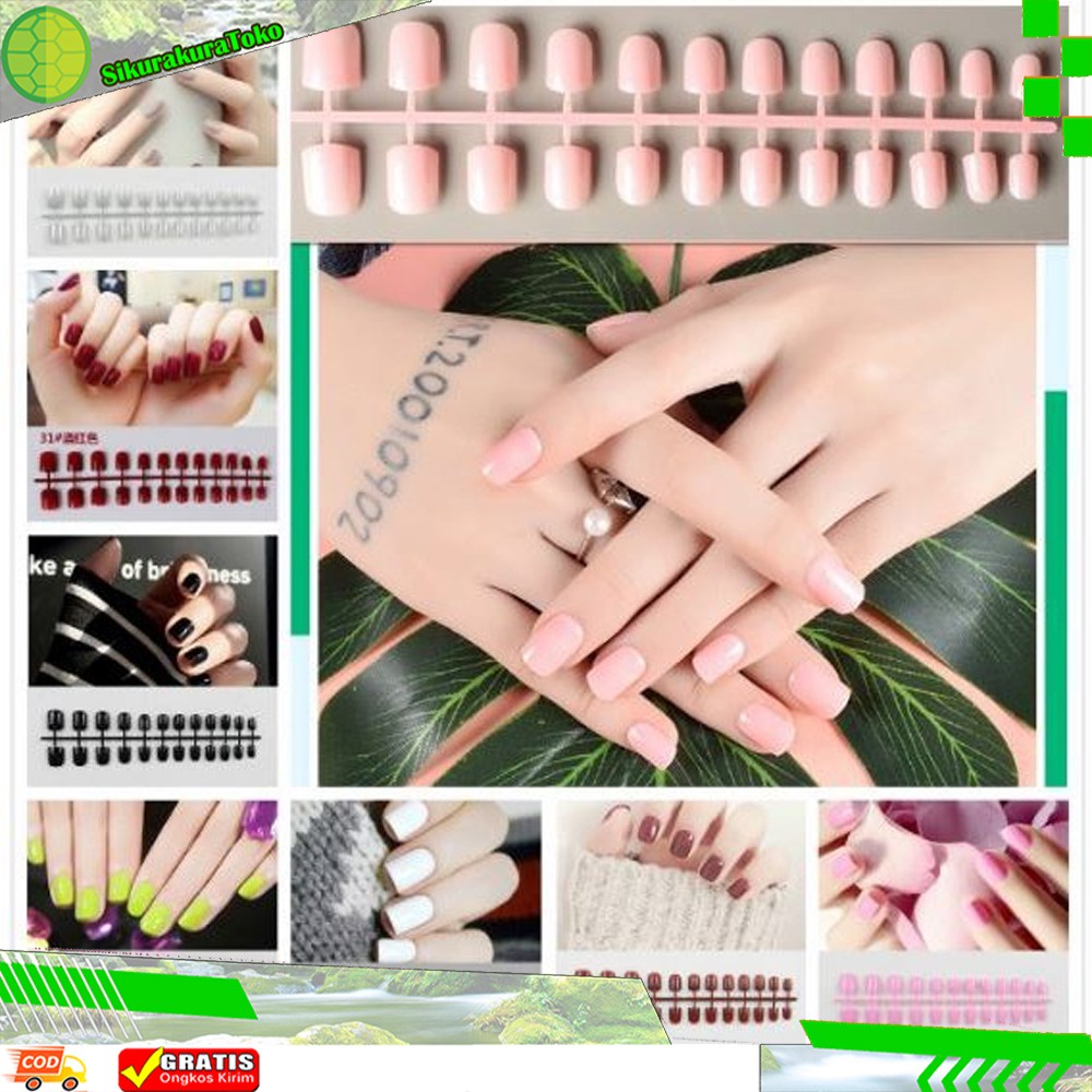 (SKR) KUKU PALSU HALF ROUND 24 Pcs Fake False Nails Panjang Nail Art Stiker POLOS TANPA LEM 1 WARNA