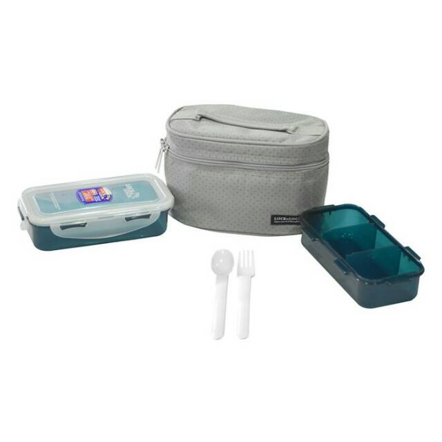 Lock &amp; Lock lunch Box 2 Pcs with Bag &amp; Spoon Fork Set kotak bekal Estetik Lock n Lock HPL752 HPL762