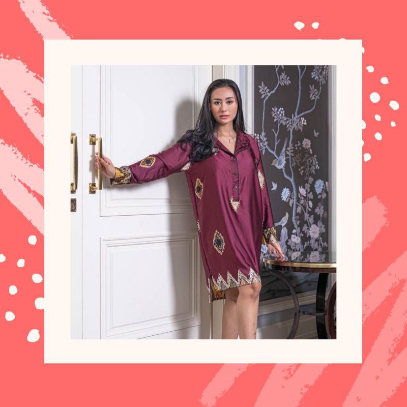 PIYAMA LUZERN / BAJU TIDUR ROK LENGAN PANJANG MERAH MOTIF