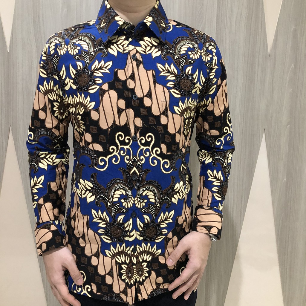 [GRIDLINE - LS080 Brown - LS029 Blue] Baju Kemeja Batik Slimfit Pria Lengan Panjang FULL KATUN