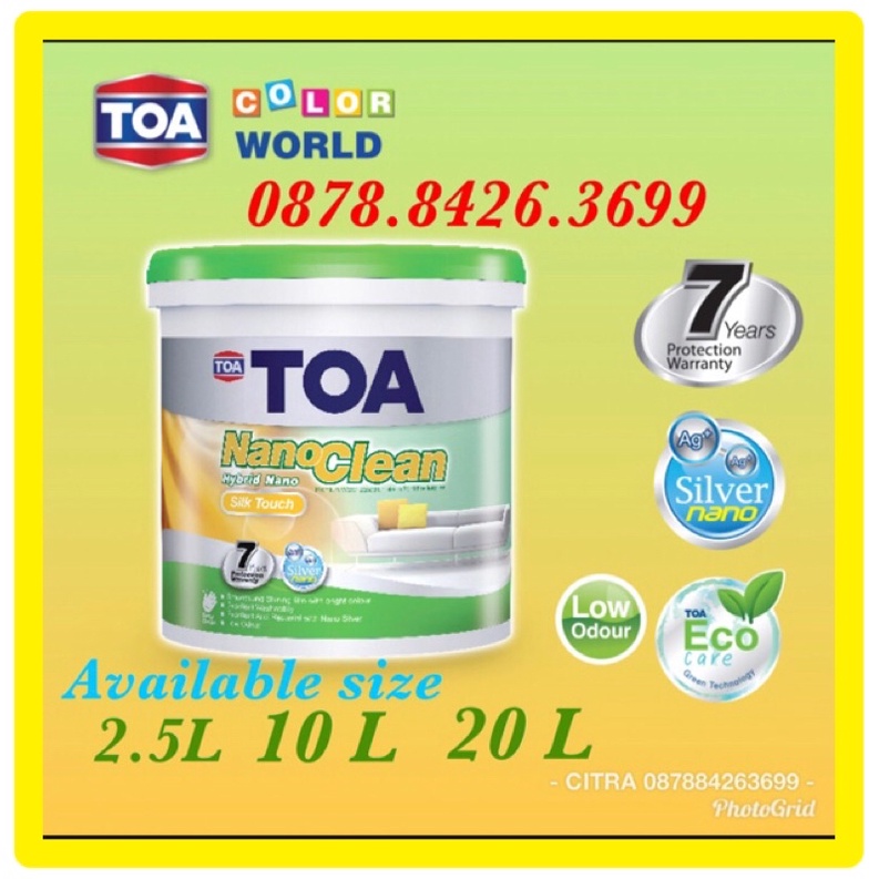 Cat Tembok TOA NanoClean SilkTouch Interior semi gloss (Tinting) 20 liter