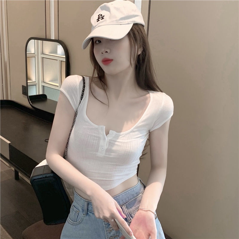 Rajutan Ketat Lengan Pendek T-shirt Wanita Musim Panas 2022 Baru Putih Seksi Tinggi Pinggang Pendek Crop Top Ins