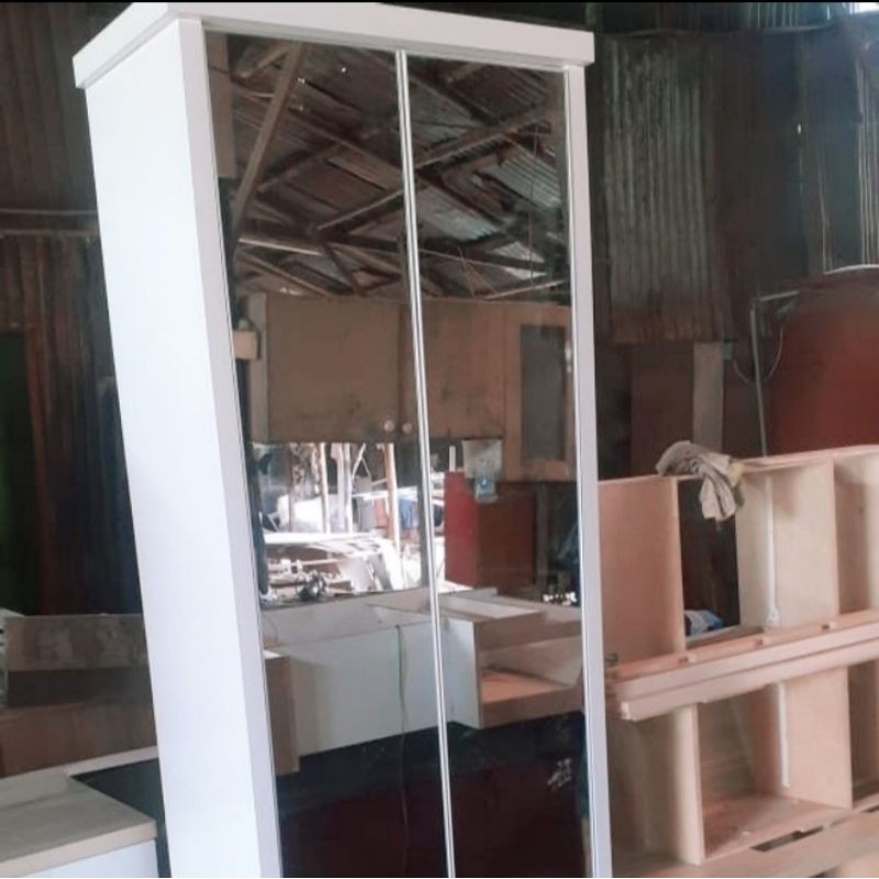 rak sepatu full cermin / lemari sepati 2 pintu sliding laminasi HPL 80x200 cm