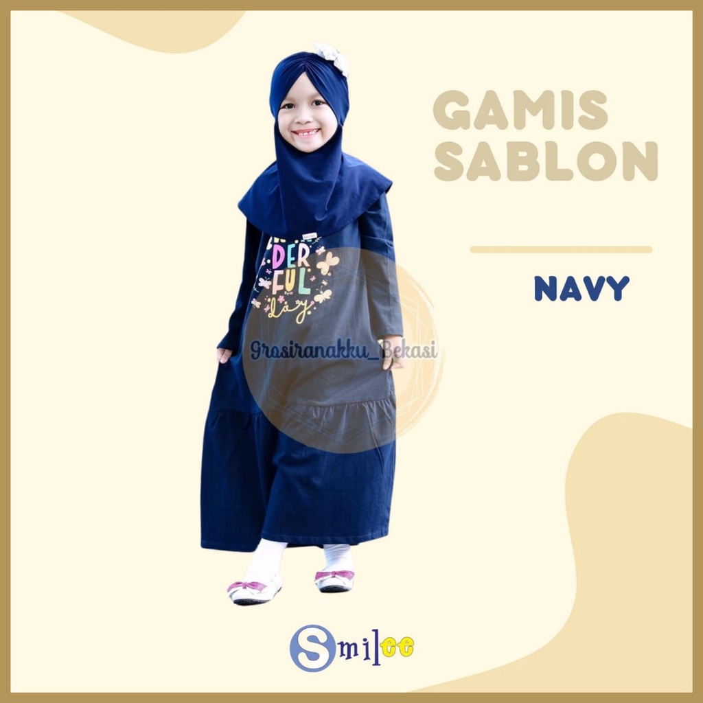 Gamis Kaos Anak Aplikasi Sablon Warna Navy Size 2-8Tahun