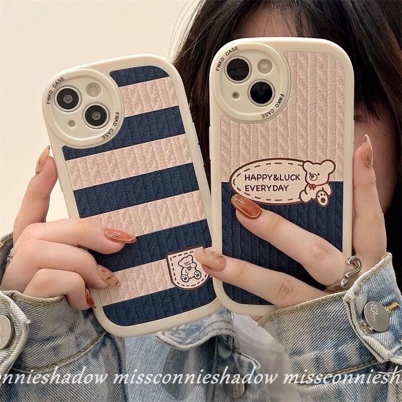 Redmi A1 10 9T 9A 9 10C 9C NFC Mi POCO M3 F4 K40s X3 Pro X3 NFC Redmi Note10 8 9 9s 10s 11Pro 11 11s 9Pro 10Pro Max Kartun Beruang Lucu Rajut Stripe Splicing Pattern Cover