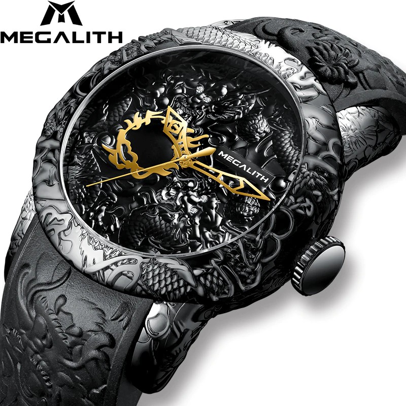 GROSIR MEGALITH Fashion Gold Dragon Sculpture Watch Men Quartz Watch Waterproof Big Dial Sport