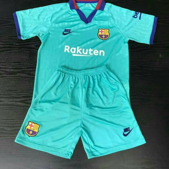 Stelan Setelan Jersey Kaos Baju Celana Bola Kids Anak Kecil Barca Barcelona 3rd Third Biru 2019 2020