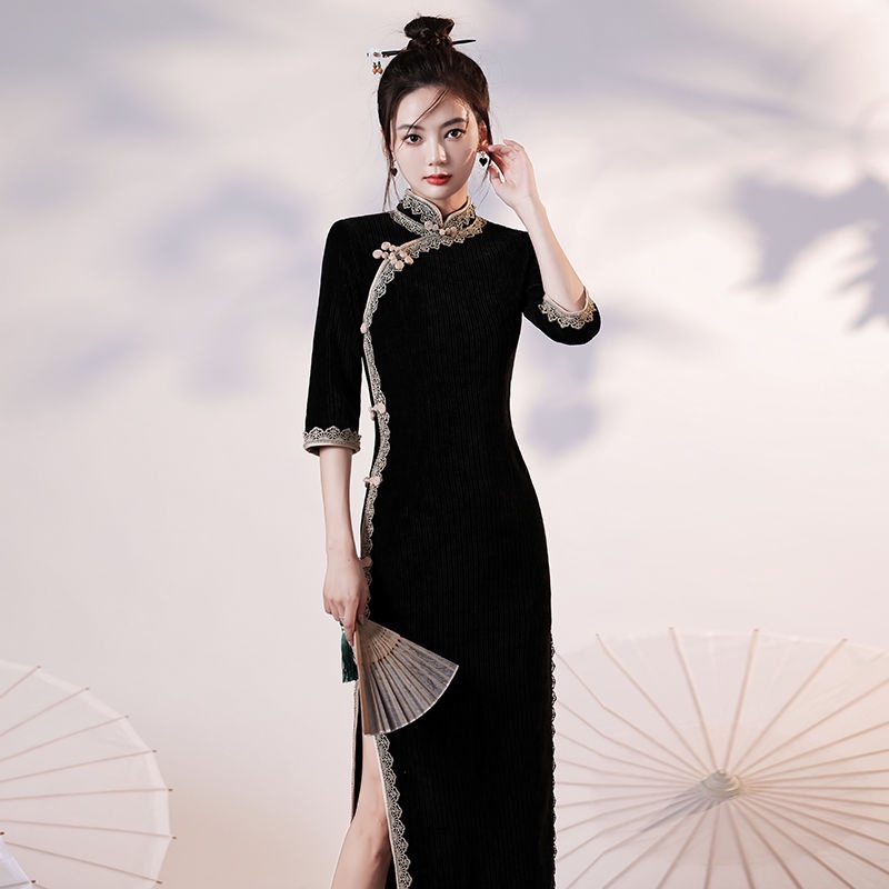 Corduroy cheongsam spring 2022 new young style high-end temperament LONG SLEEVED BLACK thickened dre