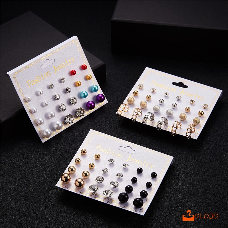 OLOJO 12 Pasang Anting Tusuk Model Mutiara Intan Bentuk Bulat Gaya Korea Untuk Wanita