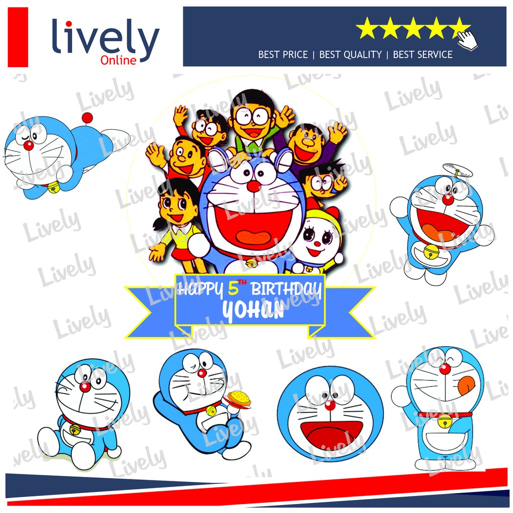 CAKE TOPPER KARAKTER HIASAN KUE HBD HAPPY BIRTHDAY CUSTOM NAMA DORAEMON 01 set