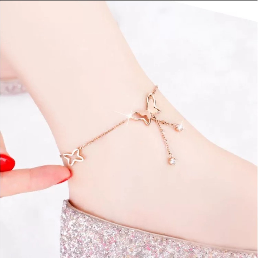 Gelang Rantai Kaki Titanium Aksen Kupu - Kupu Dengan Pesona Crystal Anklet Rumbai