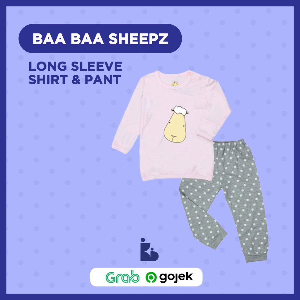 Baa Baa Sheepz Long Sleeve Shirt &amp; Pant - Big Sheep Face Pink/Polka Dot Grey | Setelan Baju Anak | Setelan Atas Bawah