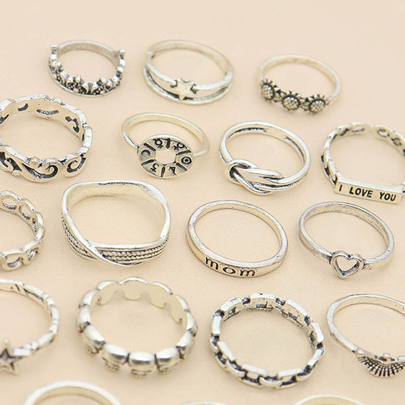 18pcs / set Cincin Sendi Jari Aneka Bentuk Warna Silver