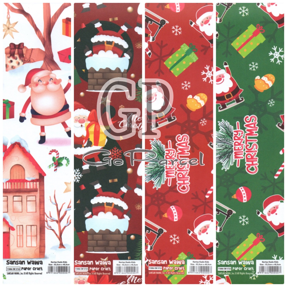 ( 5 Lembar ) NATAL SANWA - KERTAS KADO - GIFT WRAP PAPER SANWA SANSAN WAWA MERRY CHRISTMAS / XMAS / HOLIDAY / SANTA / SNOWMAN / BUNGKUS HADIAH