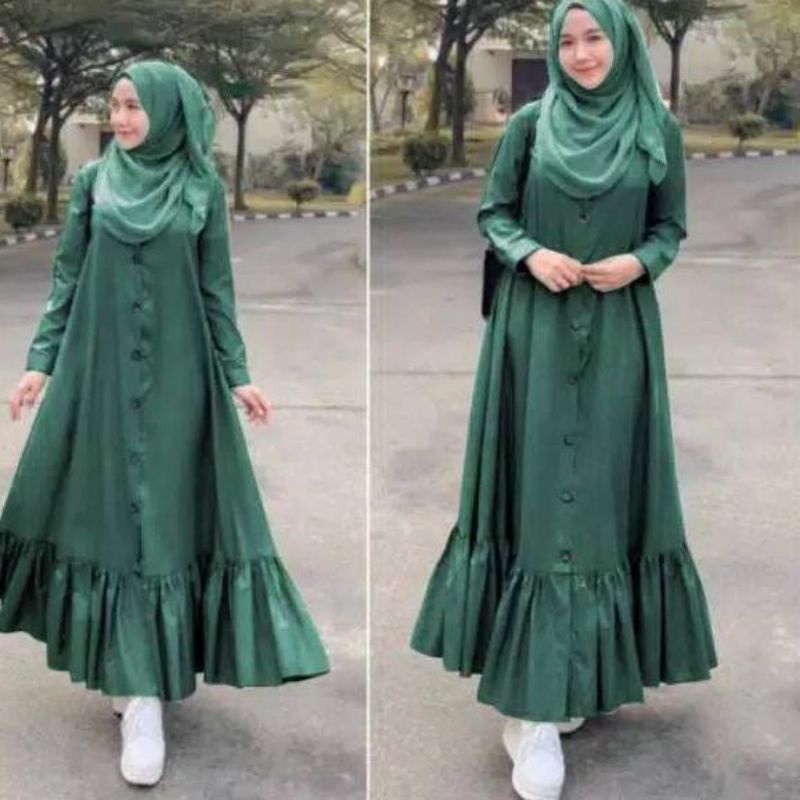 Dress Baju Gamis Long Maxy Maxi Syari Busui Wanita Perempuan Arab Muslim Renda Bawah Full Kancing Pe