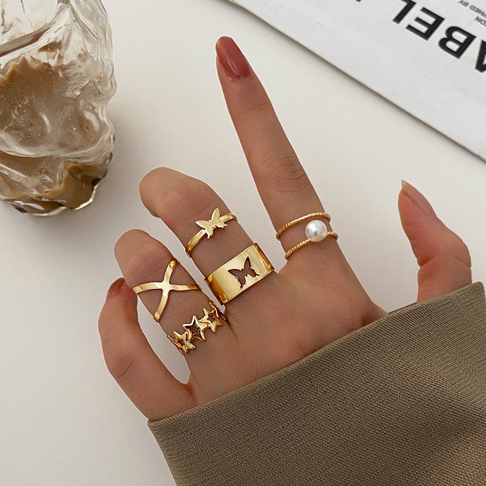 AY(CN) 5pcs/set Korean Fashion Hollow Butterfly Cross Pearl Ring Gold Rings Women Jewelry Accessories