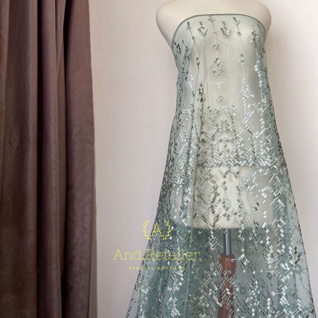 Bahan Kebaya Premium Brokat Etnik Tile Bordir Aphrodite Warna Sage Green Sapto Series 4