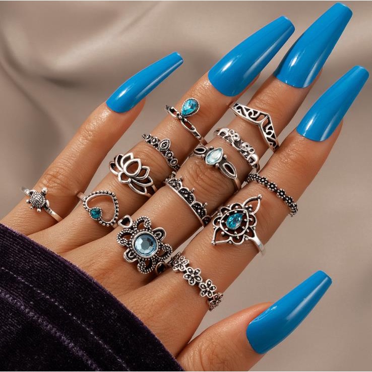 [ACKER] 13 Pcs/set Elephant Turtle Set Cincin Mahkota Kristal untuk Wanita Lotus Heart Midi Knuckle