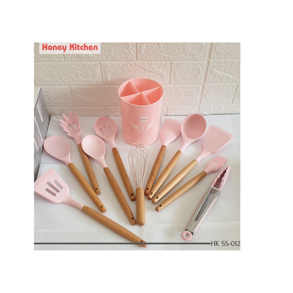 HONEY KITCHEN PREMIUM SILICONE KITCHEN UTENSIL SET 11 PCS GAGANG KAYU