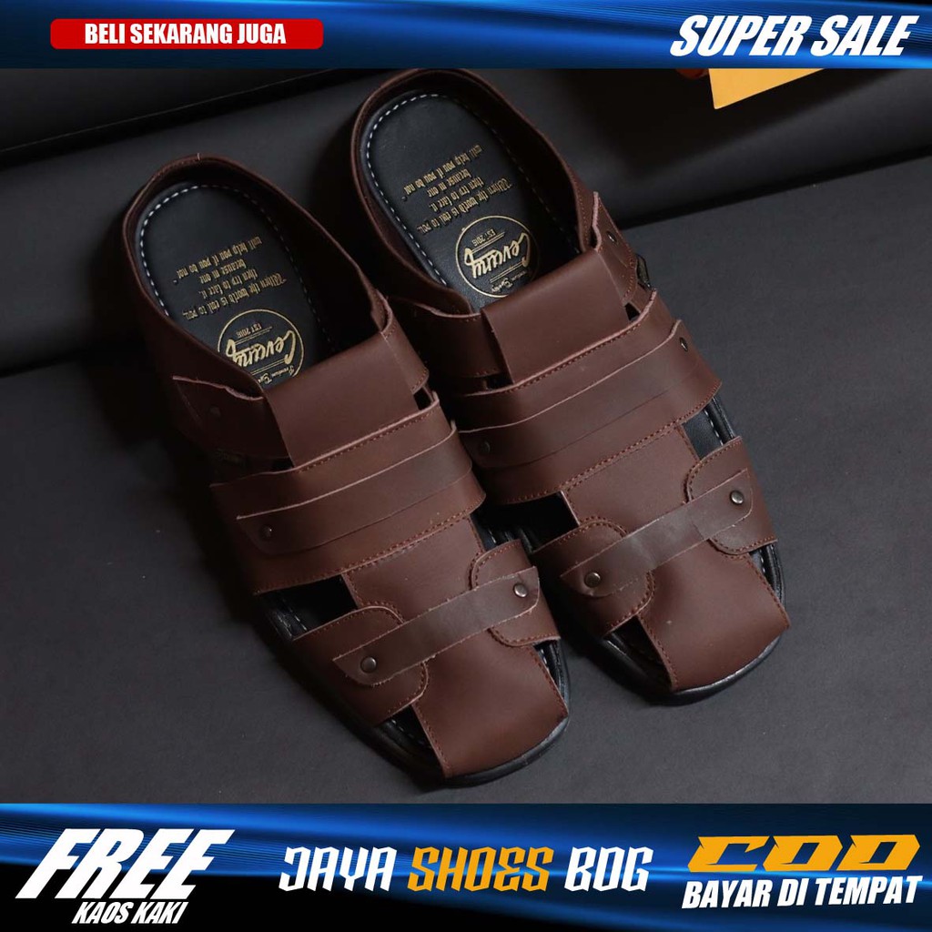 TERBARU Sandal Slop Pria Casual Kasual Kulit Asli Selop Cowok Santai Model Sandal Bustong