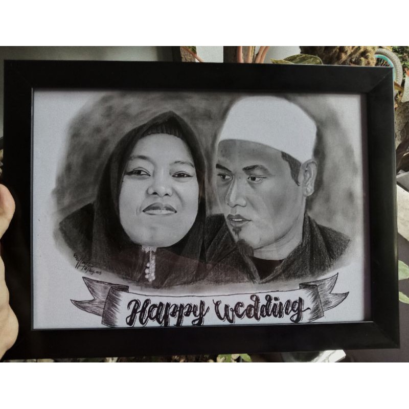 (A5 dan A4 + pigura) Lukisan wajah Drawing art Sketsa wajah Hitam putih Murah Custom