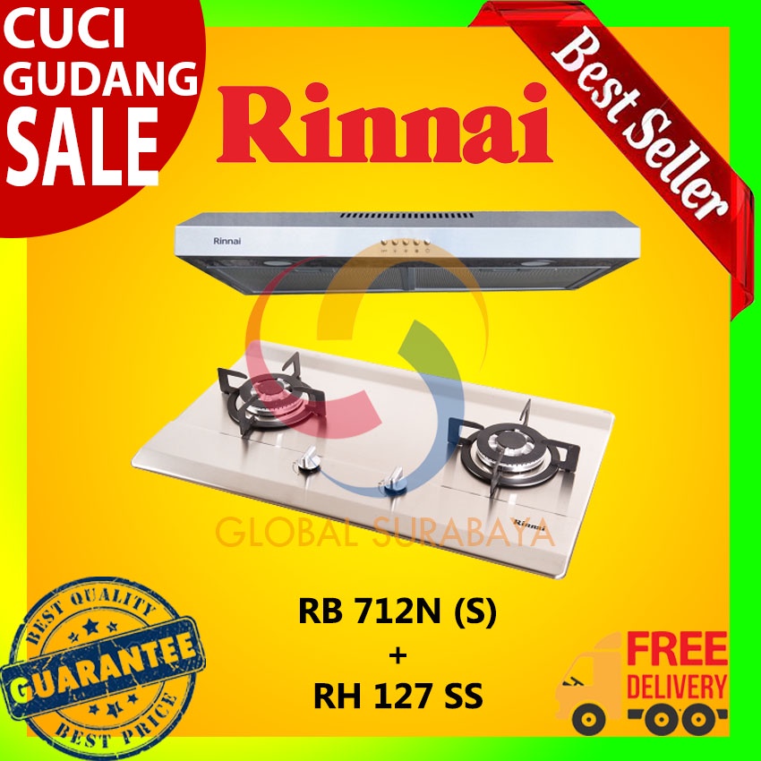 PAKET KOMPOR TANAM RINNAI 2 TUNGKU RB 712N S + Cooker Hood RH 127 SS