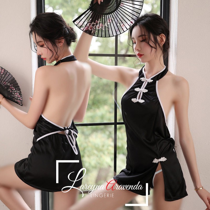 Lareyna Set Lingerie + G String Sexy Fantasy Romantis Kostum Cheongsam Back Tie LG222