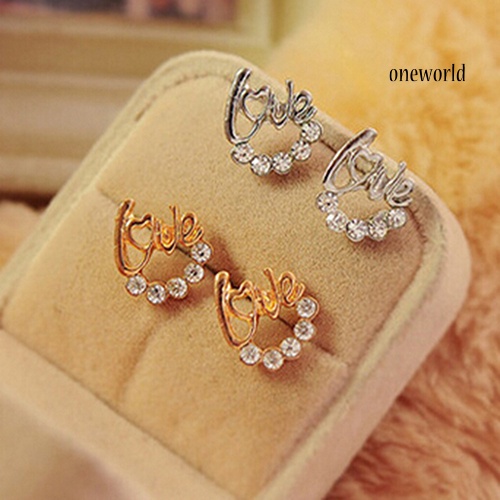 OW@ Fashion Women Elegant Shiny Rhinestone Love Letter Ear Stud Earrings Jewelry