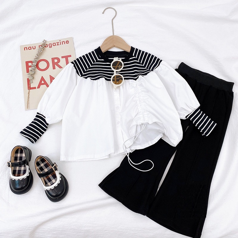 SSP37-Setelan Set Anak Perempuan Fashion Korean Stripe B&amp;W + Celana Kulot