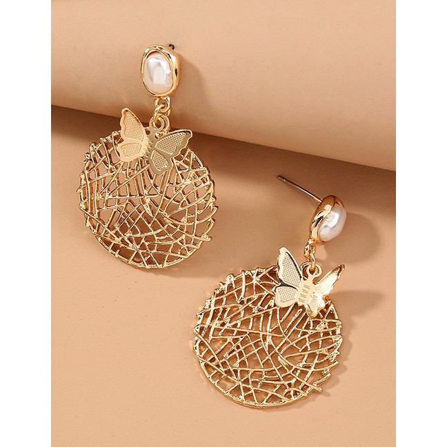 LRC Anting Tusuk Fashion Gold Color Pearl Round Hollow Metal Butterfly Earrings K78081