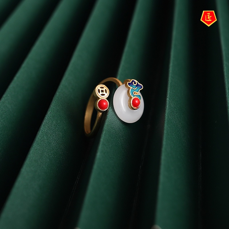 Chinese Style Retro Xiangyun Ring Female Ancient Style Enamel Painted Hetian Jade Fashion Personalized Tail Ring