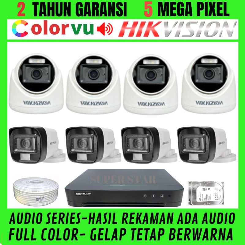 PAKET CCTV HIKVISION COLORVU 8 CHANNEL 8 KAMERA 5MP AUDIO  FULL COLOR SIANG MALAM BERWARNA