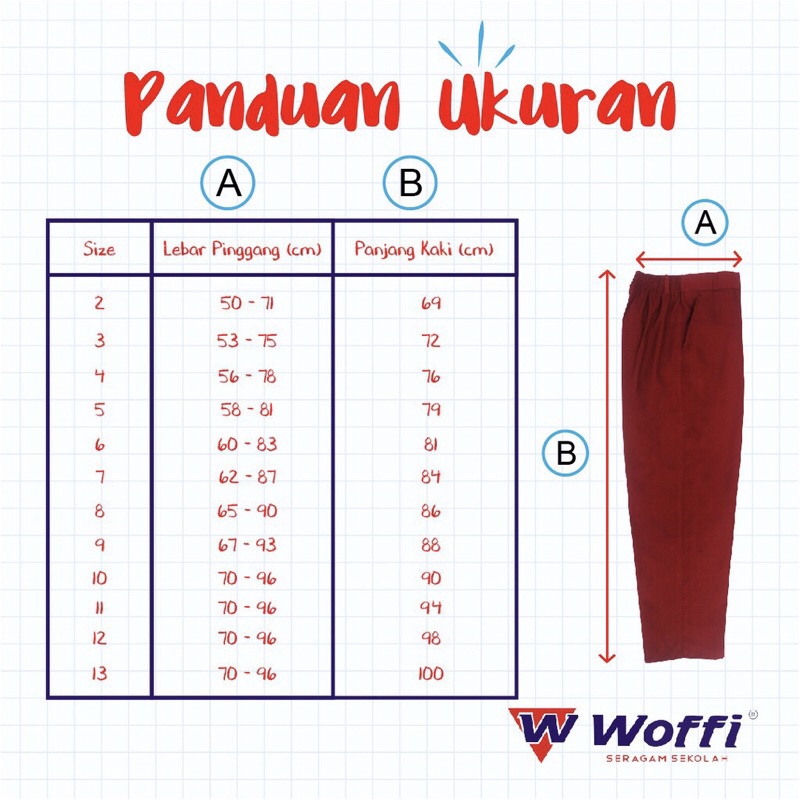 Seragam SD Woffi Celana Panjang Karet Merah / CELANA SEKOLAH MERAH PANJANG BAHAN KATUN HALUS WOFFI