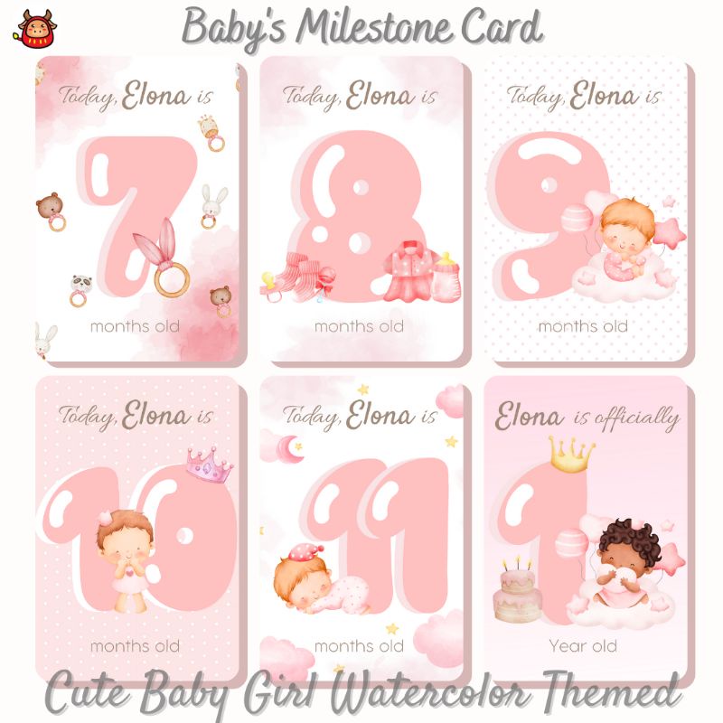 Baby Milestone Card Cute baby girl &amp; boy / Cute Bear watercolor themed Kartu selfie bayi kartu foto bayi milestone